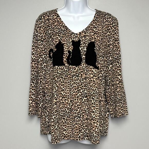 Chico's Tops - Chico's Leopard Print 3-D Cat Silhouette 3/4 Sleeve Casual‎ Top Womens Sz L